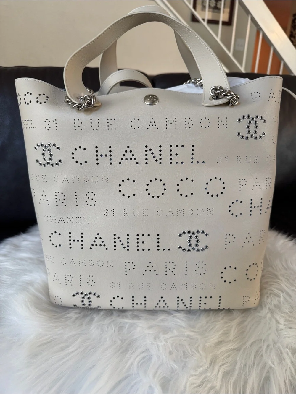 NWT CHANEL 2019 Beige Calfskin Perforated Logo Tote with Silver-Tone Hardware
